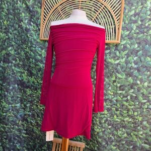 Shein BAE Red Off The Shoulder Ruched Mesh Mini Dress Long Sleeve Size L NWT